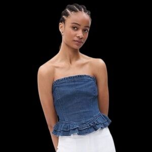 Gap LoveShackFancy Denim Corset Top with Ruffles Fitted Women's Size L